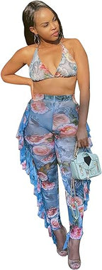 Two Piece Cropped Top Ruffled Trousers