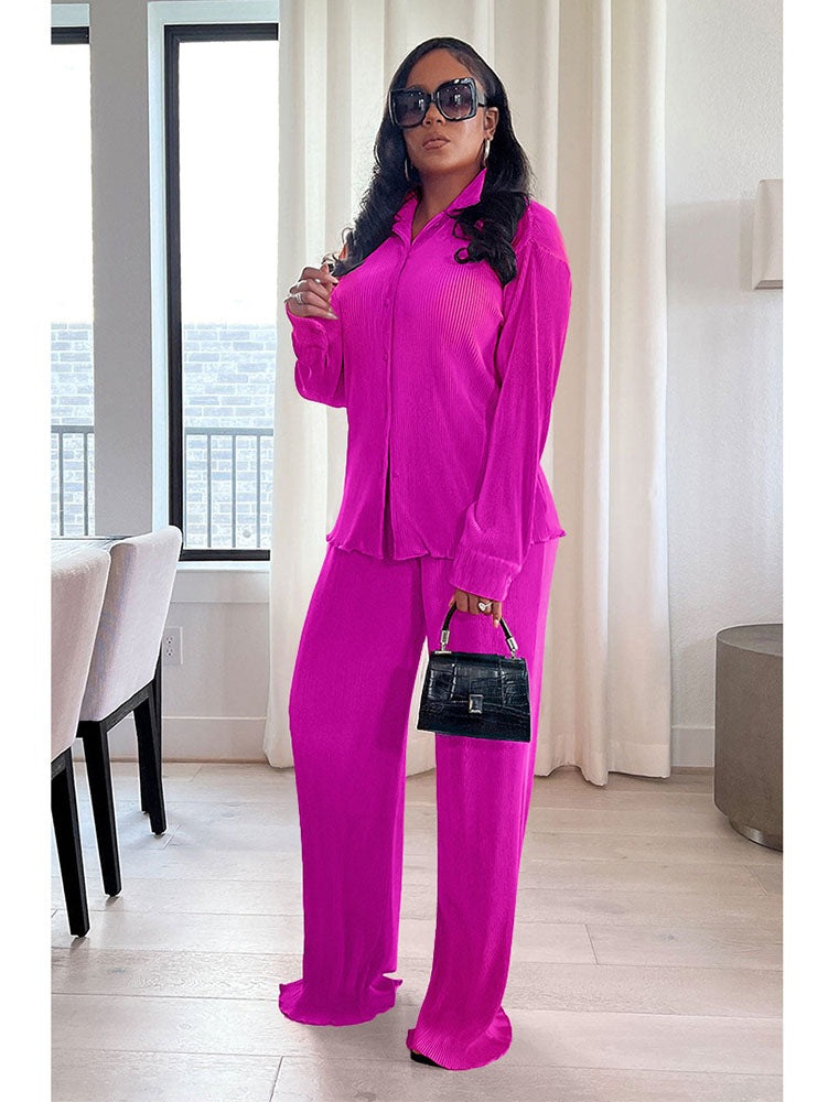 Dos piezas plisadas de manga larga y pantalones largos