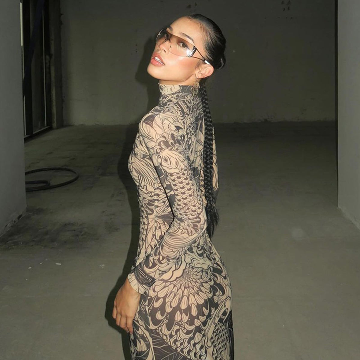 Mock Neck Mesh Print Maxi Dress