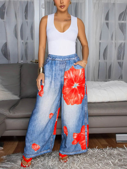 Floral Butterfly Print Wide Leg Jeans