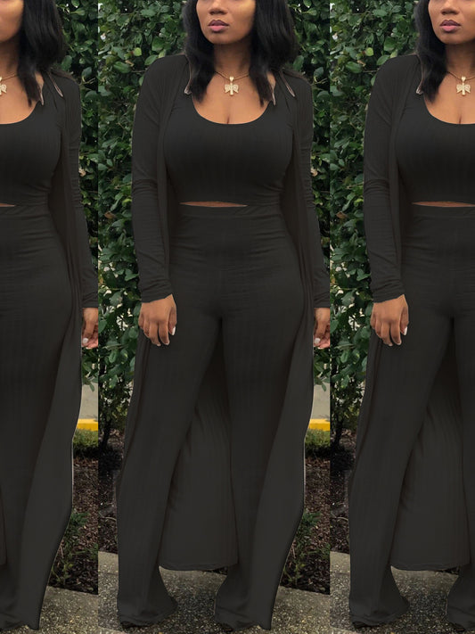 Conjunto de tres piezas Crop Top+Cárdigan largo tipo kimono+Pantalones