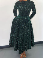 Long Sleeve Solid Color Sequin Dress