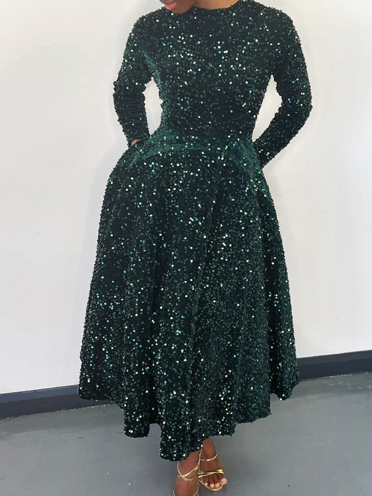 Long Sleeve Solid Color Sequin Dress