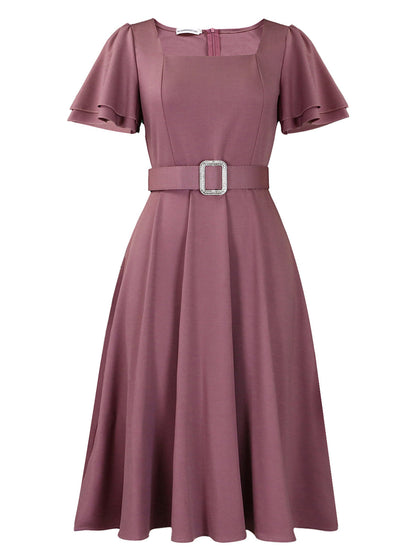 Flared Sleeve Square Neck Midi Dress with Belt