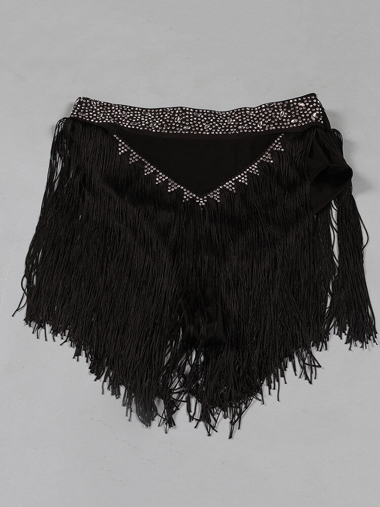 Mesh Long Sleeve Rhinestone Top Tassel Shorts