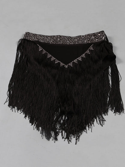 Mesh Long Sleeve Rhinestone Top Tassel Shorts