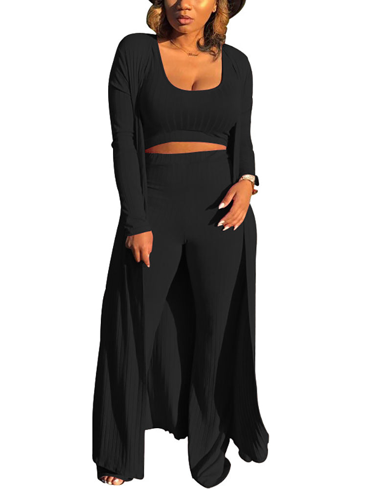 Conjunto de tres piezas Crop Top+Cárdigan largo tipo kimono+Pantalones