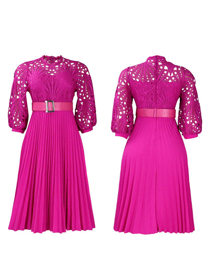 Plus Size Lace Hollow Out Pleated Dress