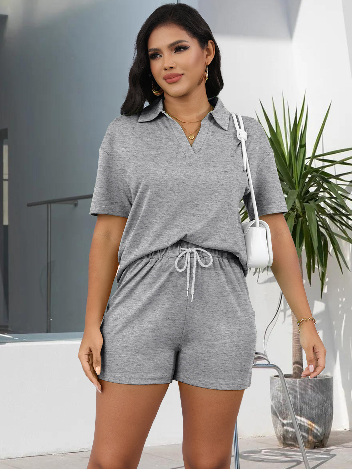 Short Sleeve Collared Drawstring Waist Shorts Sets