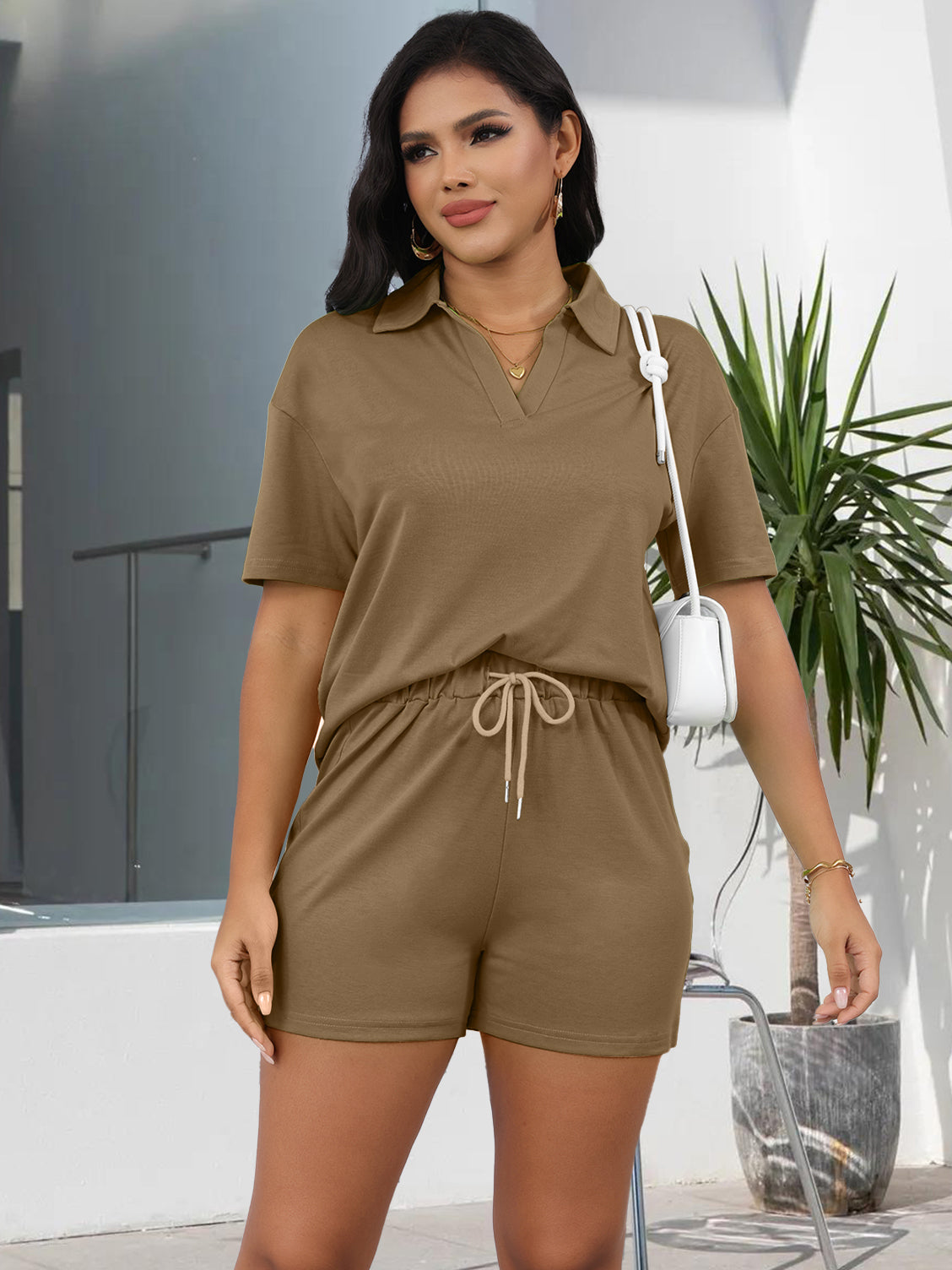 Short Sleeve Collared Drawstring Waist Shorts Sets