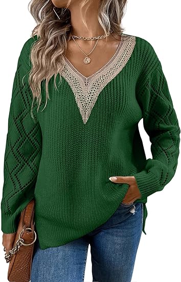 Lace V Neck Long Sleeve Side Split Sweaters