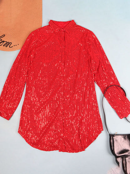 Minivestido camisero de manga larga con lentejuelas brillantes