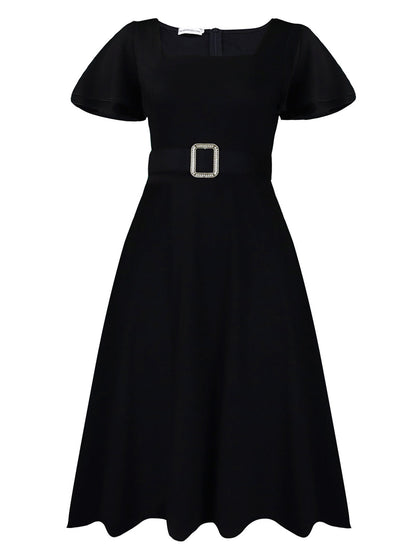Flared Sleeve Square Neck Midi Dress with Belt