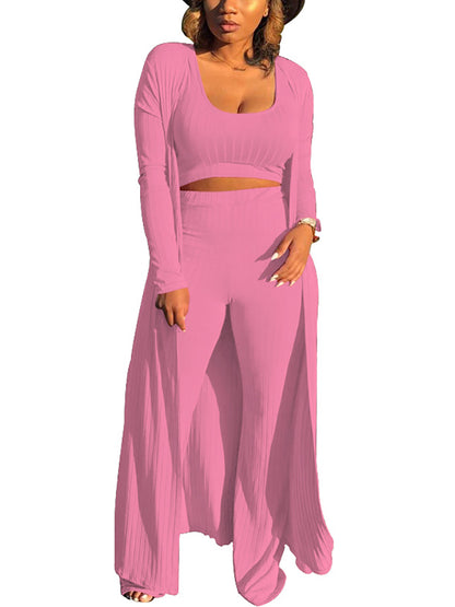 Conjunto de tres piezas Crop Top+Cárdigan largo tipo kimono+Pantalones