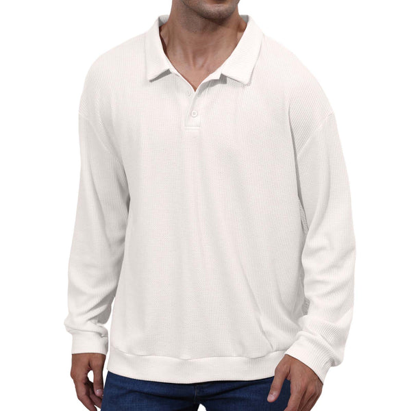 Mens Ribbed Long Sleeve Solid Color Polo Shirts