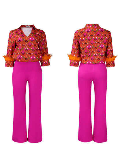 Printed Long Sleeve Shirt & Wide-Leg Pants