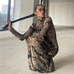 Mock Neck Mesh Print Maxi Dress