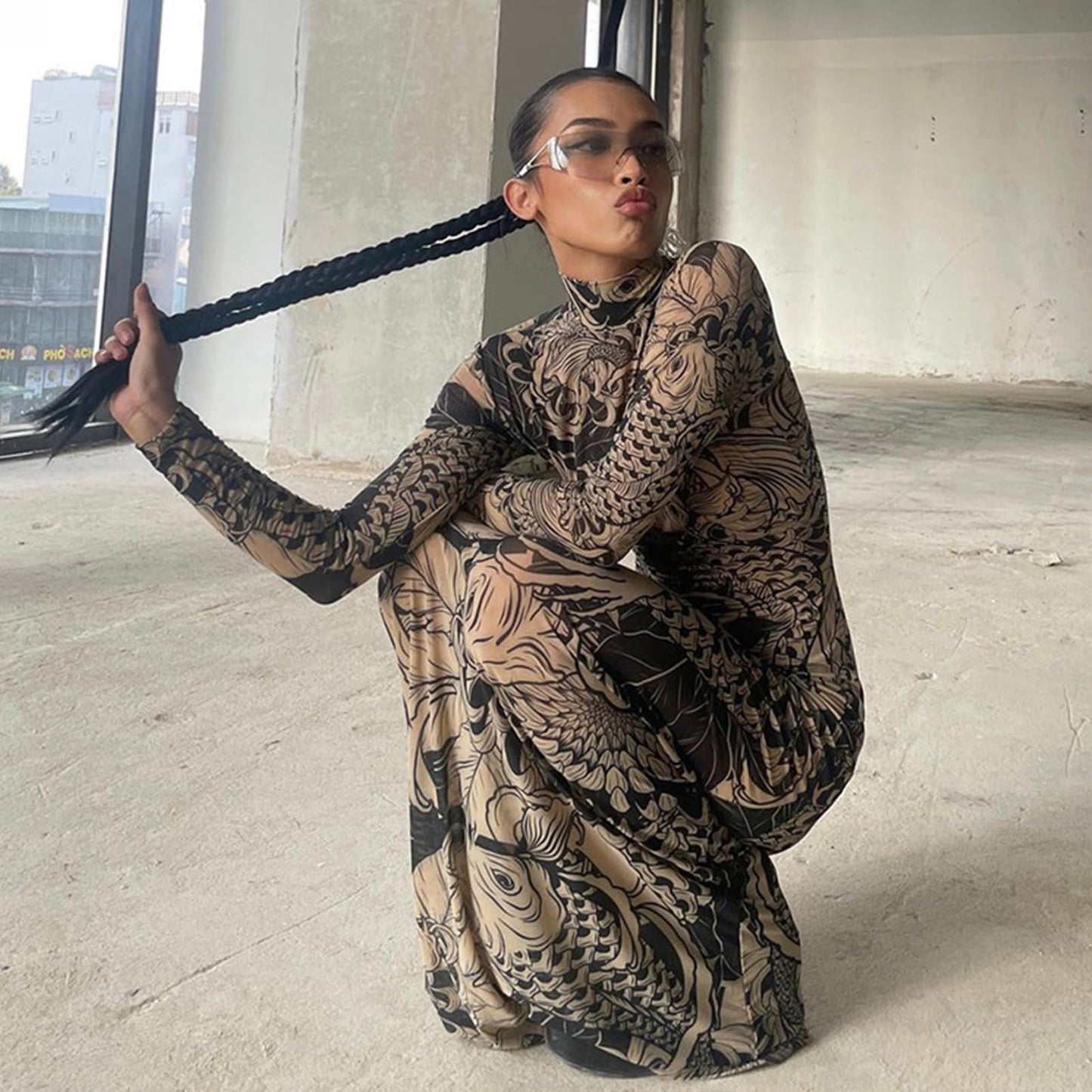 Mock Neck Mesh Print Maxi Dress