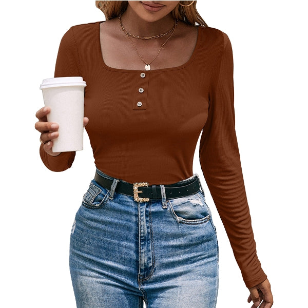 Long Sleeve Square Neck Ribbed Tops
