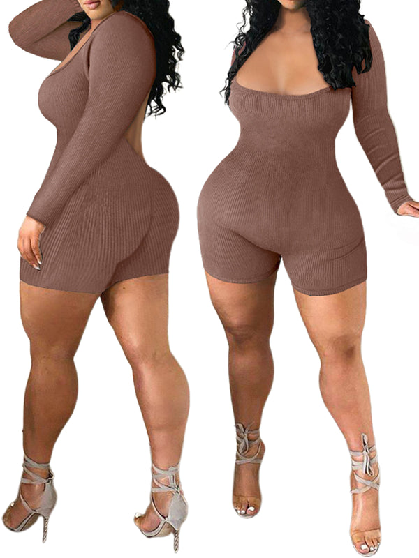 Backless Long Sleeve Ribbed Knit Elastic Rompers