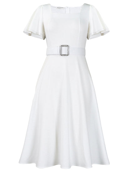 Flared Sleeve Square Neck Midi Dress with Belt