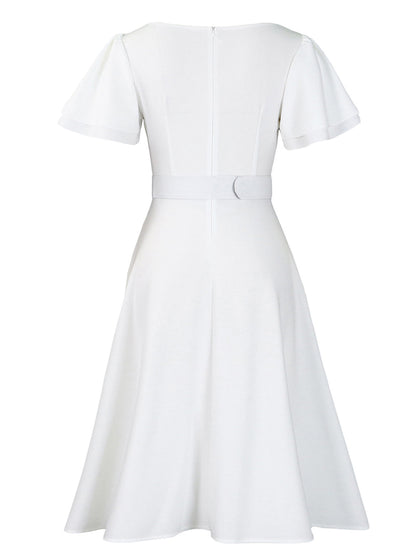 Flared Sleeve Square Neck Midi Dress with Belt