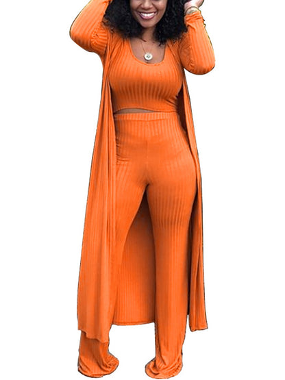 Conjunto de tres piezas Crop Top+Cárdigan largo tipo kimono+Pantalones
