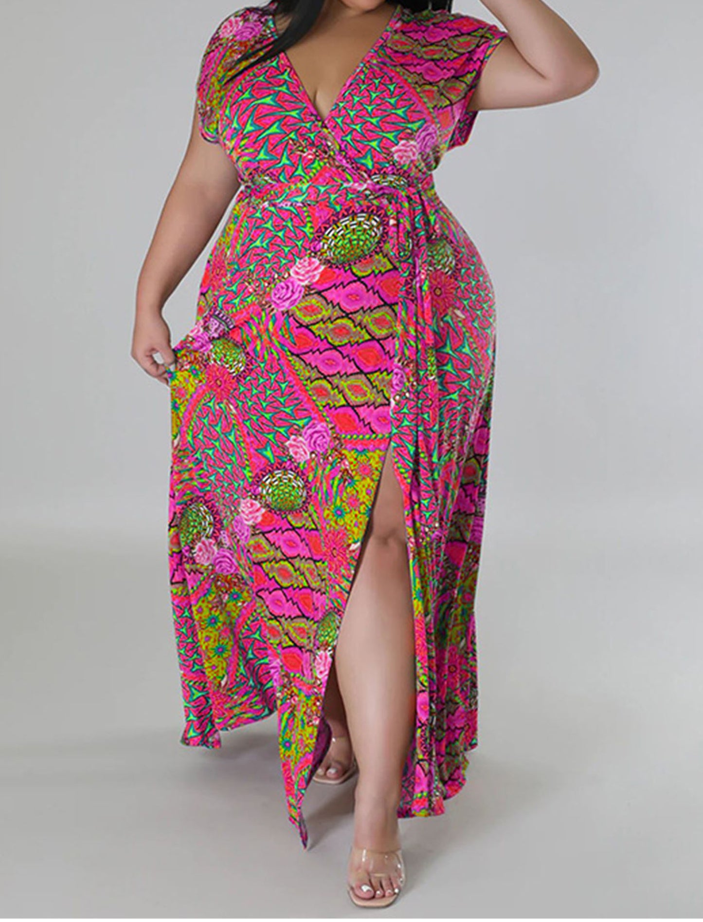 Plus Size Floral Print Split Maxi Dress