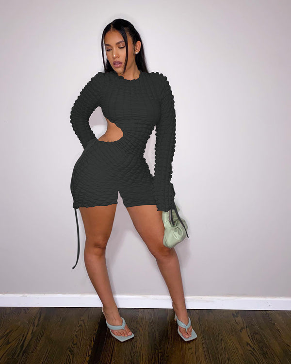 Cutout Flare Long Sleeve Drawstring Ruched Romper