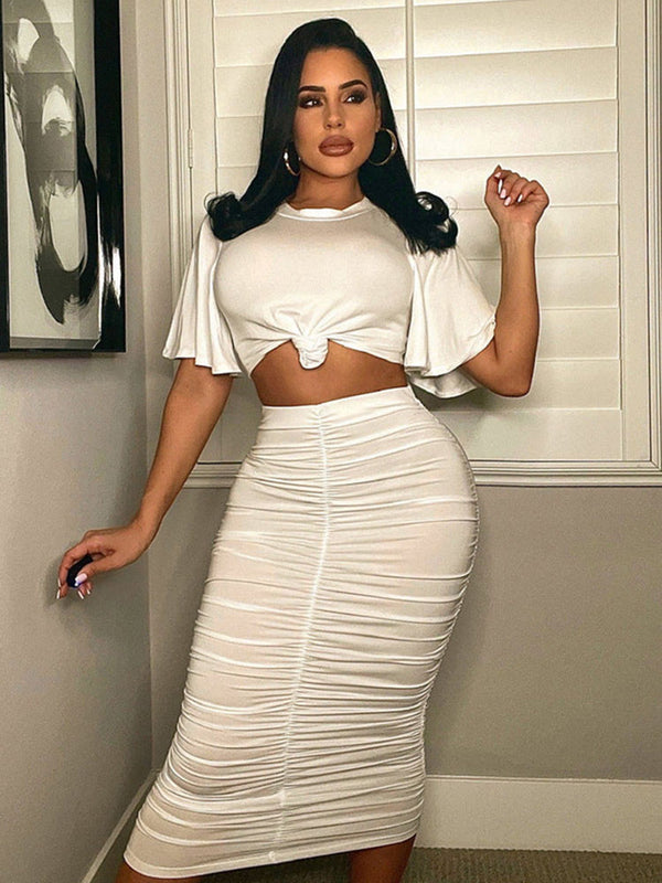 Two Piece Ruffle Sleeve Crop Top Ruched Midi Skirt