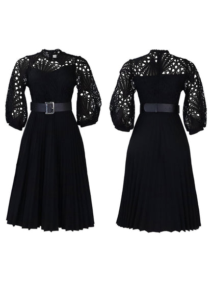 Plus Size Lace Hollow Out Pleated Dress