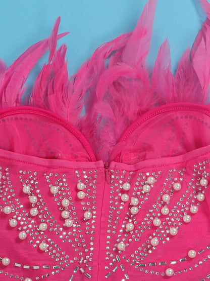 Feather Rhinestone Strapless Mini Dress