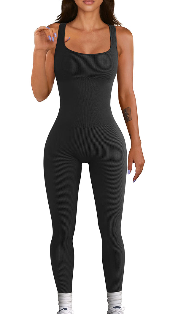 Ribbed Suqare Neck Sleeveless Bodycon Jumpsuits