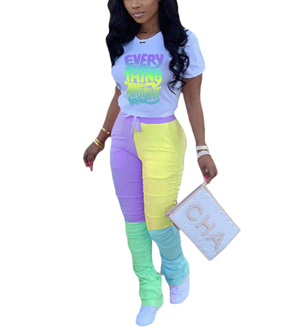 Two Piece Color Block T-Shirt Stacked Pants