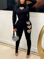 Conjunto de pantalones con abertura en forma de corazón de dos piezas con diamantes de imitación 