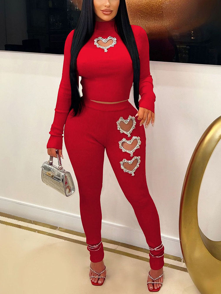 Conjunto de pantalones con abertura en forma de corazón de dos piezas con diamantes de imitación 