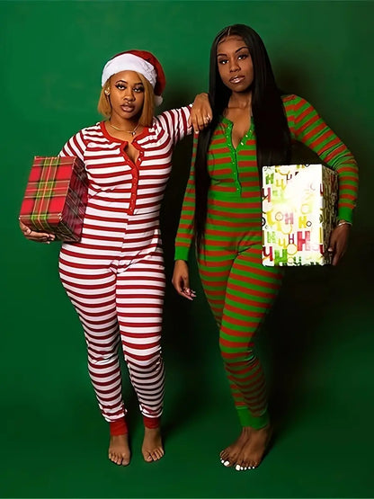 Christmas Striped Print Long Sleeve Jumpsuit