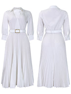Solid Color V-Neck Pleated Dress with Belt