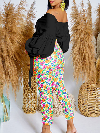 Off-Shoulder Puff Sleeve V-Neck Blouse