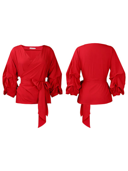 Off-Shoulder Puff Sleeve V-Neck Blouse