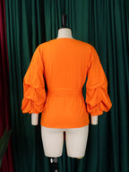 Off-Shoulder Puff Sleeve V-Neck Blouse