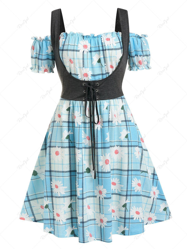 Plus Size Plaid Daisy Print Lace Up Faux Twinset Dress