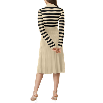Striped Long Sleeve Button Ribbed Knit Dresses
