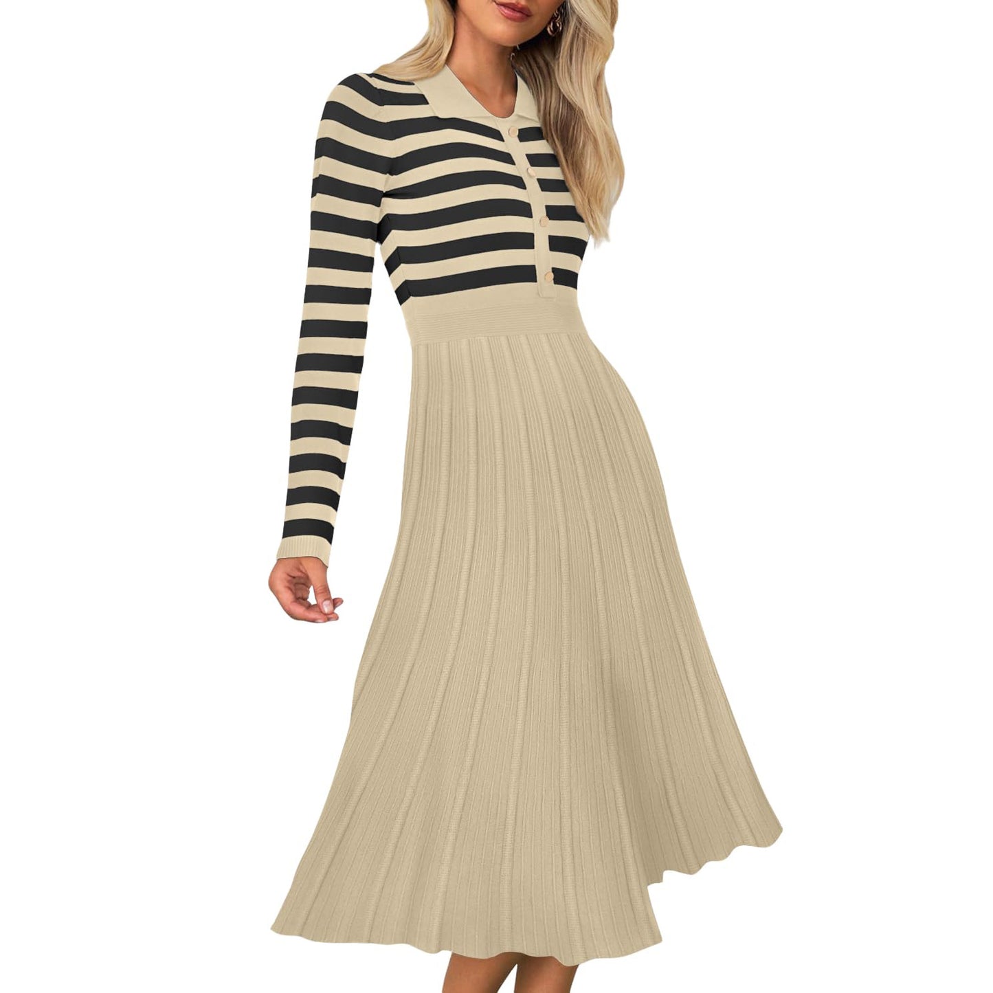 Striped Long Sleeve Button Ribbed Knit Dresses