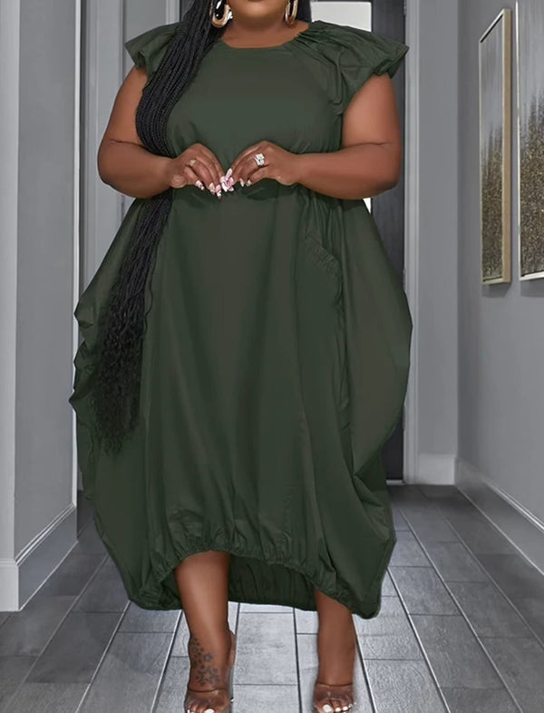 Plus Size Solid Color Ruffle Sleeve Maxi Dress
