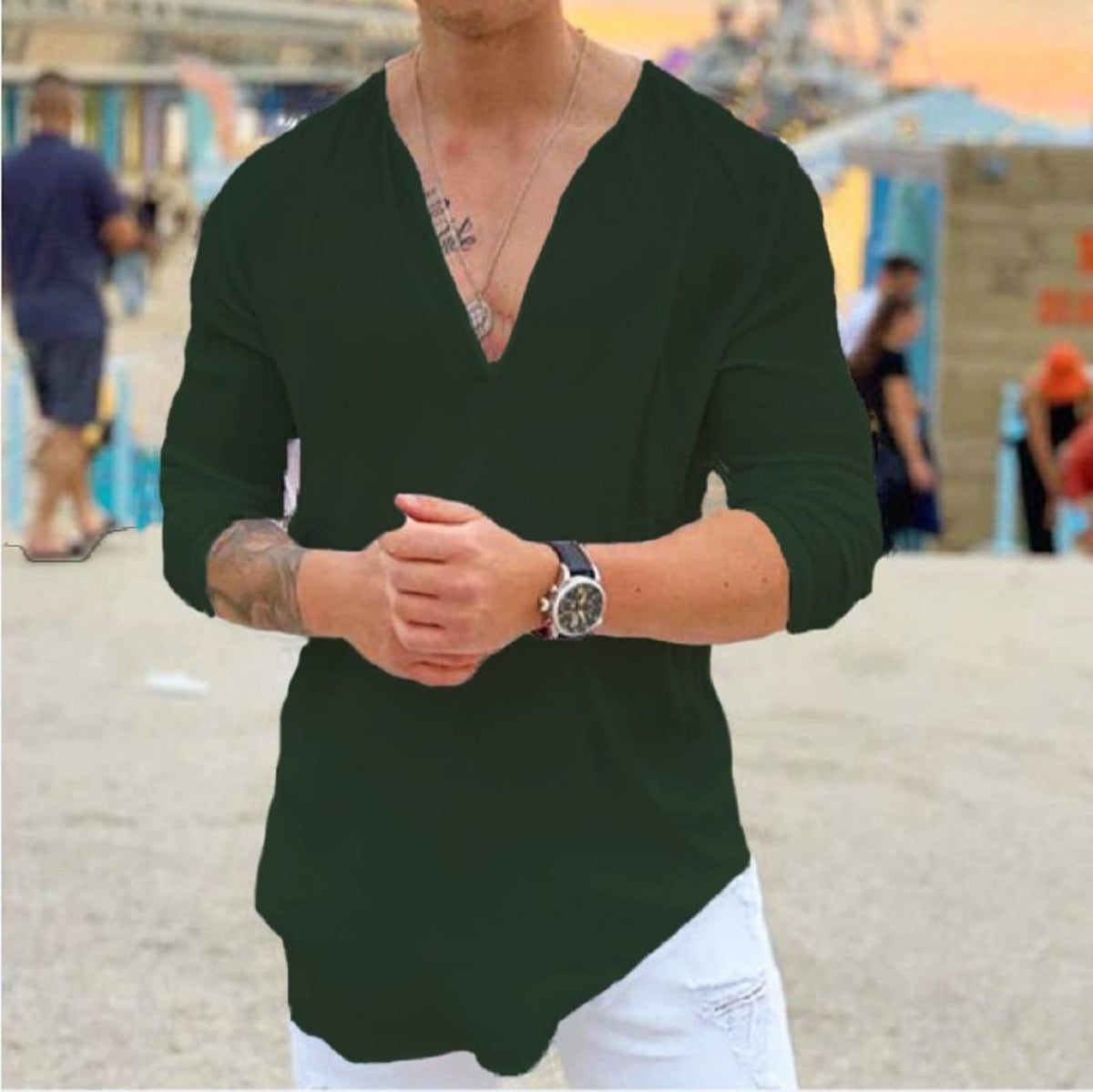 Mens Cotton Linen V-Neck Shirt