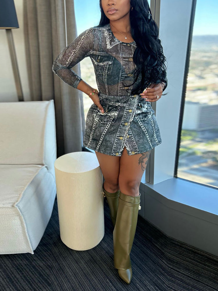 Conjunto de falda y top de malla estampado de dos piezas 