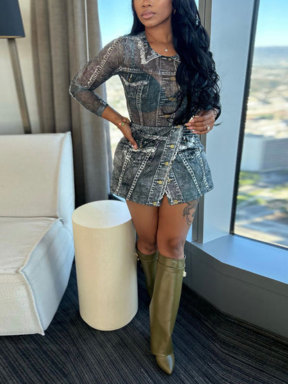 Two-Piece Printed Mesh Top Skirt Set