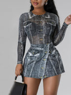 Conjunto de falda y top de malla estampado de dos piezas 