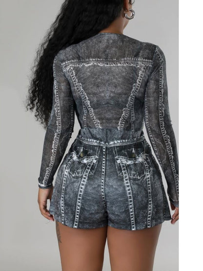 Two-Piece Printed Mesh Top Skirt Set